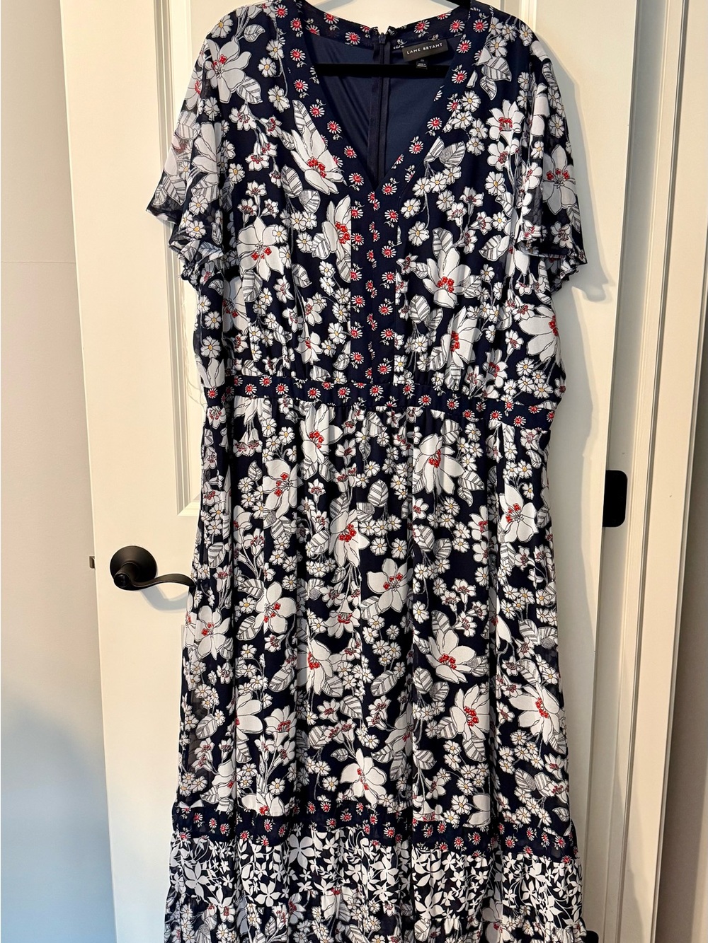 Lane Bryant Navy Midi or Maxi Dress with White and Red Floral Print